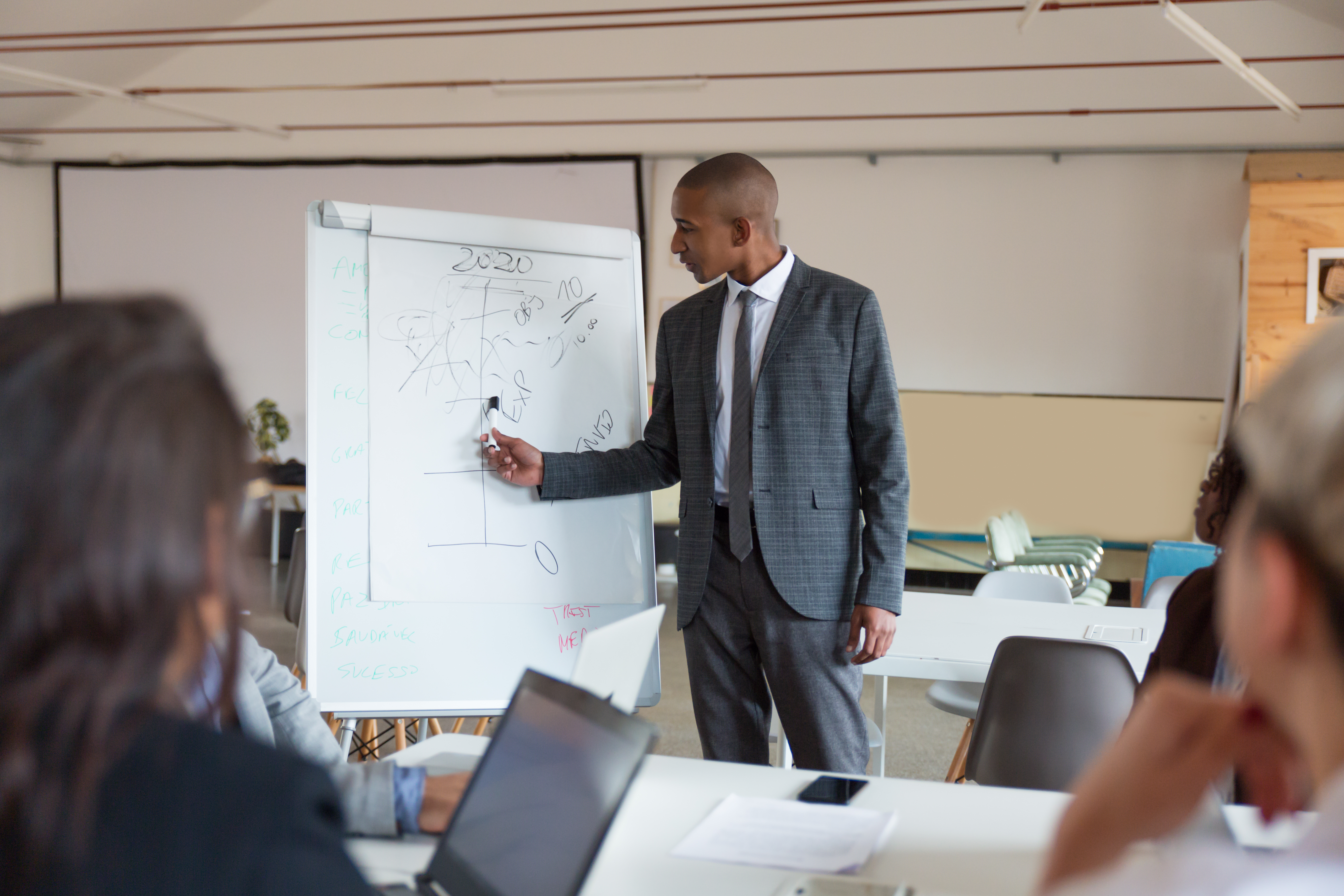 Personnes en formation devant un tableau avec des icônes de connaissance et de compétences